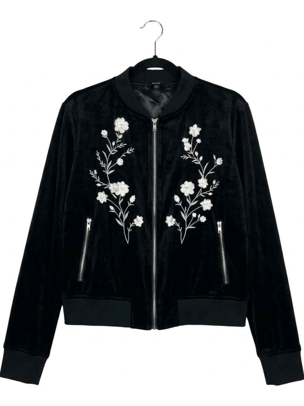 Pre Loved Embroidered Floral Polyester Satin Bomber Black Jacket - Black Size XL
